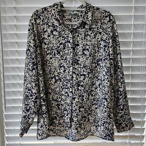 Express Portofino Shirt Cream With Navy Blue Abstract Pattern Art Size XL